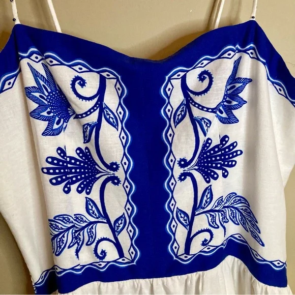 NEW FARM Rio Off-White Shell Garden
Midi Dress Beaded Straps Linen Blue Size XL - Picture 8 of 16